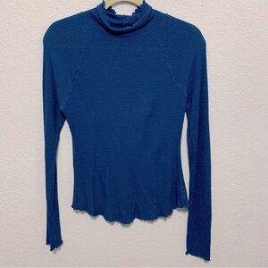 Intimately Free People Waffle Knit Thermal Blue Turtleneck Pullover Top